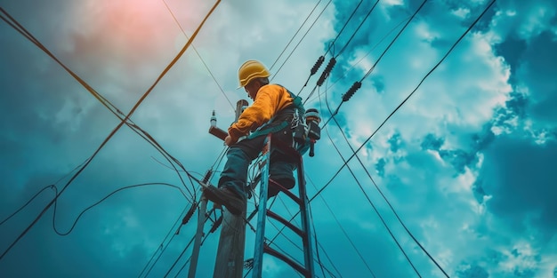 Electrician Working on a Power Line