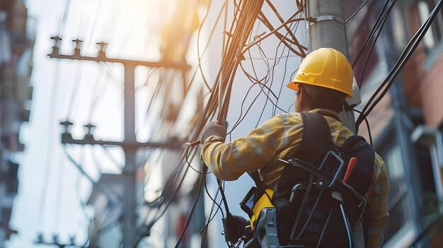 Photo electrician working on power poles