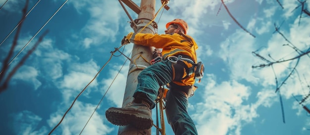 Electrician Working on a Utility Pole