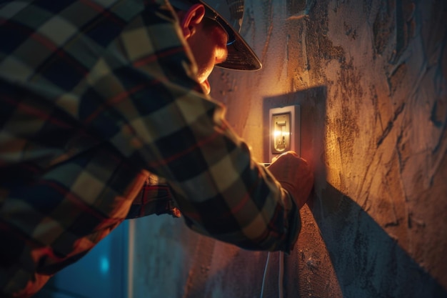 Electrician Working on a Wall Outlet at Night