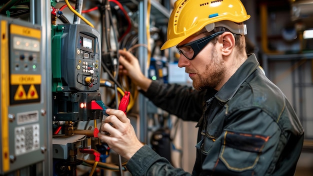 Electrician working with electrical panels circuit boards