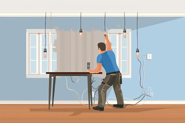 An electrician works in a room with wiring and lighting flat illustration Electrical maintenance of residential and office premises Generative AI