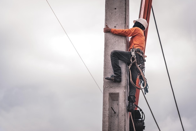 Electricians are climbing on electric poles to install and repair power lines