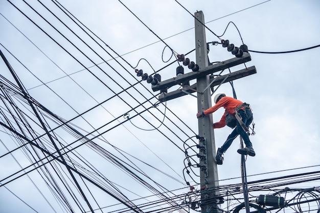 Electricians are climbing on electric poles to install and repair power lines