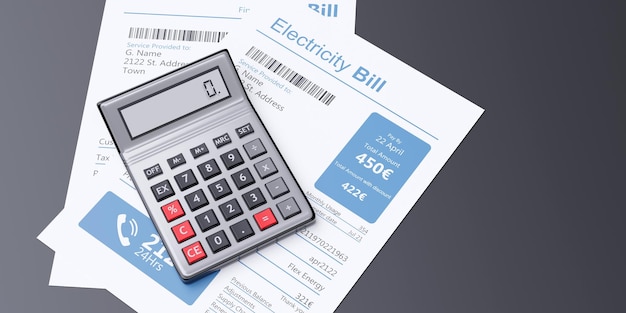 Electricity bill and calculator Utilities invoice and cost concept 3d