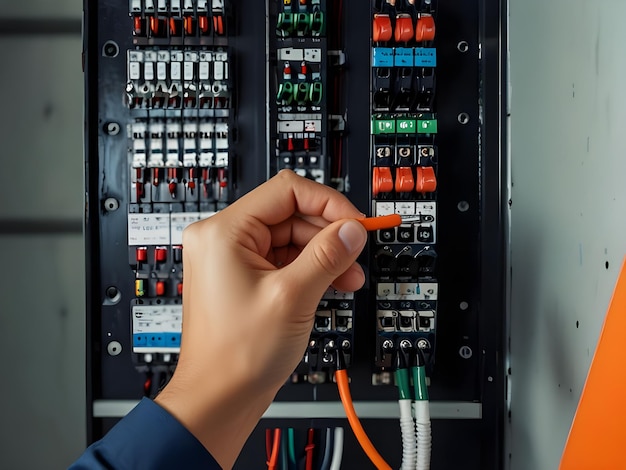 Photo electricity and electrical maintenance service engineer hand holding ac voltmeter checking electric current voltage at circuit breaker terminal and cable wiring main power distribution board