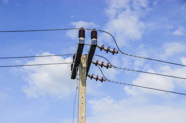 electricity post in blue sky at Thailand