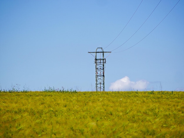 Electricity pylon on field against clear sky