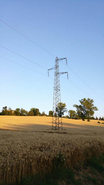 Electricity pylon on field against clear sky