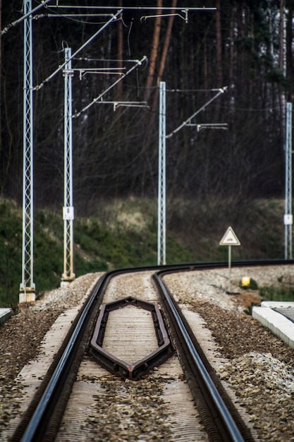 Electricity pylons by empty railroad track