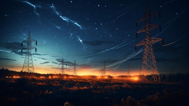 Electricity transmission towers with orange glowing