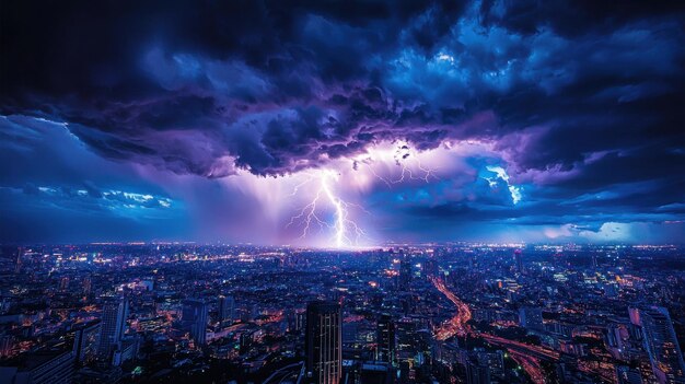 Electrifying Cityscape Distant Skyline Struck by Lightning in Dramatic Thunderstorm