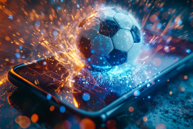 An electrifying moment captured as a soccer ball bursts in flames and ice from a smartphone screen symbolizing dynamic sports action