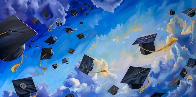 Electrifying Scene of Graduation Caps Soaring High in Radiant Blue Sky