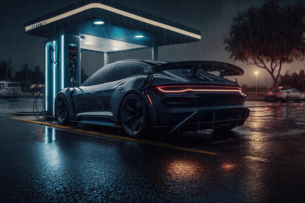 Electro car on a charging station at night AI generation