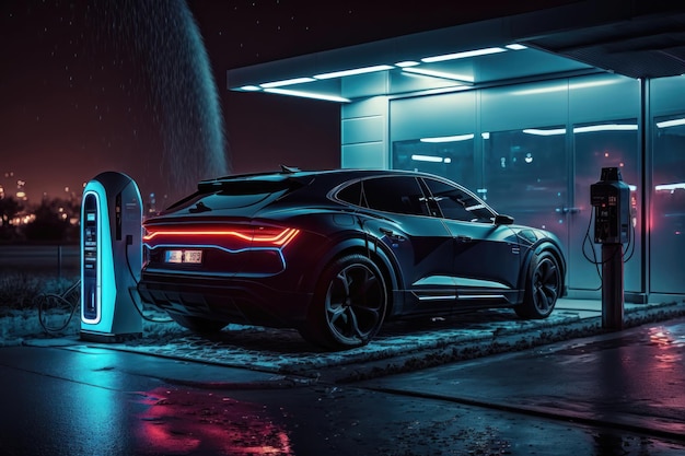 Electro car on a charging station at night AI generation