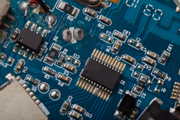 Electronic circuit board close up details.