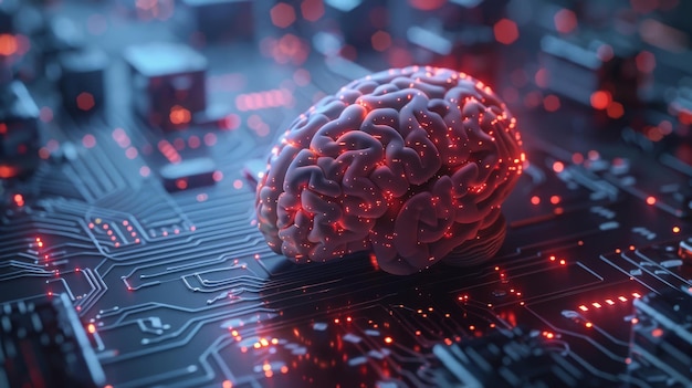 Electronic circuit board hosts glowing brain merging intelligence with technology