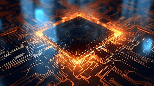 Electronic circuit board PCB Printed circuit board with processor microchips and glowing digital electronic signalsCreated with Generative AI technology