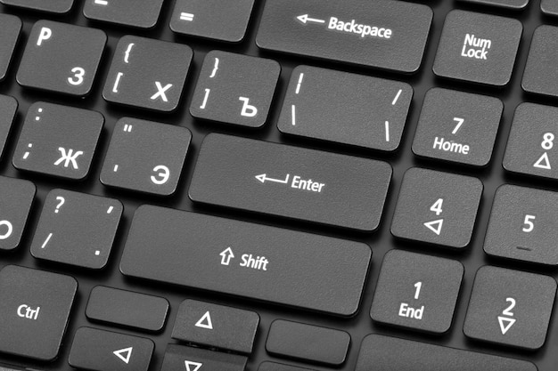 Electronic collection closeup laptop keyboard with russian letter and key enter