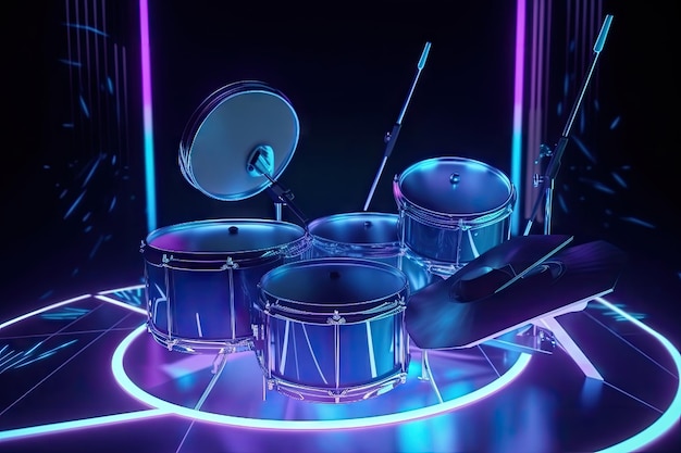 Electronic drumsticks and drums on a futuristic background with hologram created with generative ai