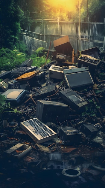 Electronic garbage in the form of a pile in a backyard for environmental awareness Generative AI