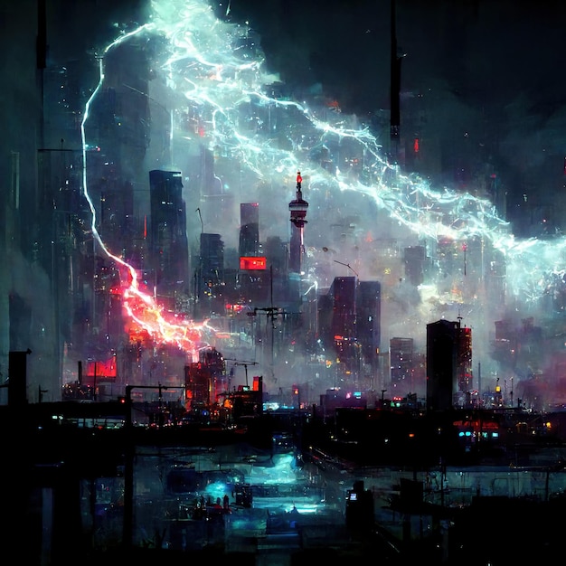 The electronic immortal is being struck by lightning over the cyberpunk city