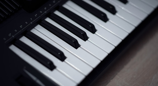 Electronic piano keyboard. Closeup of black and white piano keys