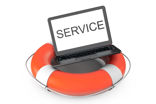 Photo electronic service concept. modern laptop with life buoy and service sign on a white background