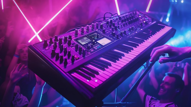 An electronic synthesizer with a hand playing the keys The background is a blurred image of a crowd at a concert