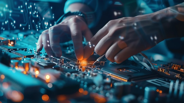 Electronic technicianbanner hands repairing electronic devices The use of modern one Generative AI