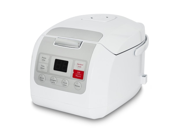 Electronic white rice cooker on white background