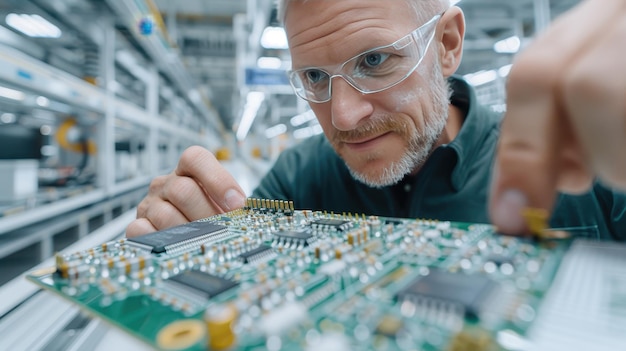 Photo electronics engineer examining circuit board in factory