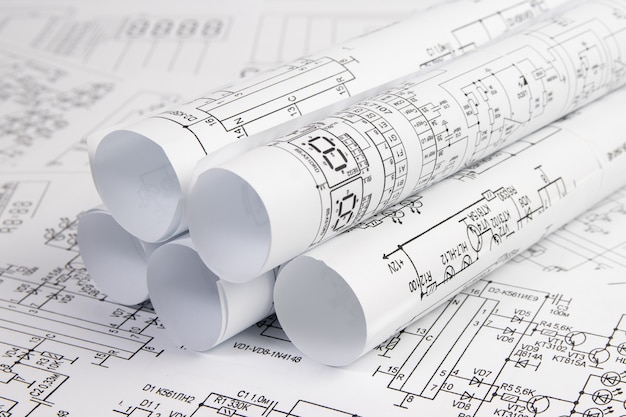 Electronics and Engineering. Printed drawings of electrical circuits. Science, technology and electronics.