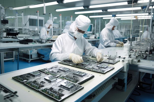 Electronics manufacturing facility with workers assembling circuit boards soldering components