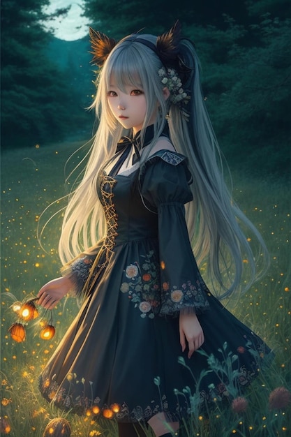 Elegance Amidst Nature Beautiful Korean Anime Wizard Girl in Meadow