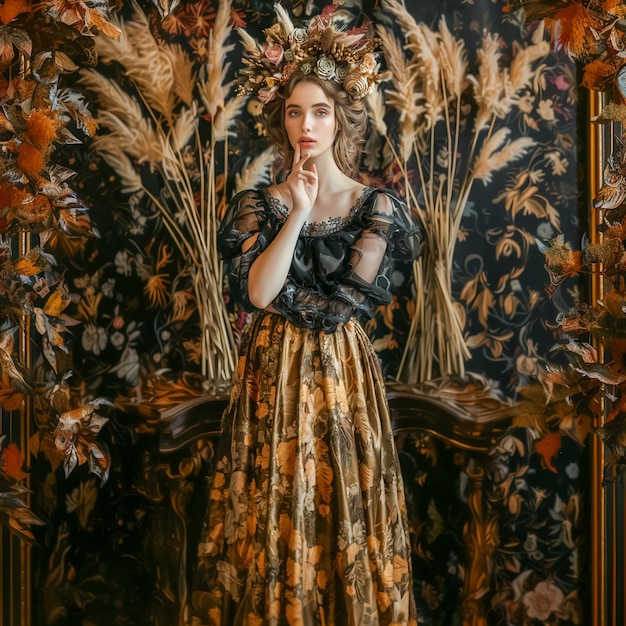 Photo elegance in autumn woman in floral gown with ornate headdress