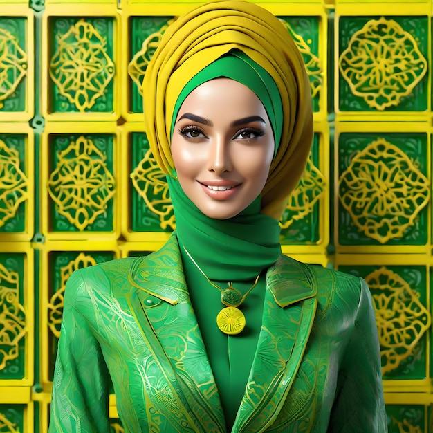 Elegance and beauty a Saudi businesswoman wearing green and yellow fashion and hijab