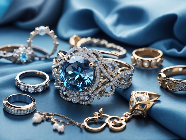 Elegance Defined A Collection of Women's Jewelry on Blue Fabric