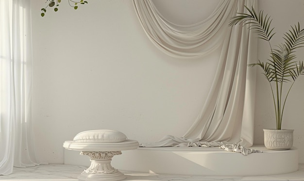 Photo elegance displayed turkish luxurious fabric draped elegantly beside a matching pedestal podium