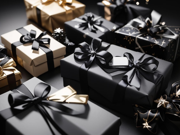 Elegance in Gifting Gifts with Black Ribbon Against Black Background 22