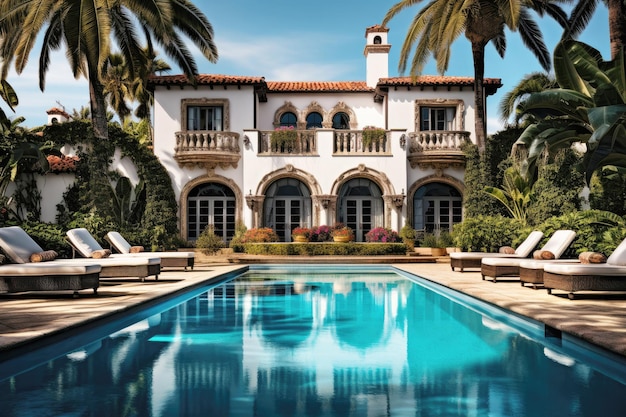 Elegance and nature modern hotel pool and swaying palms