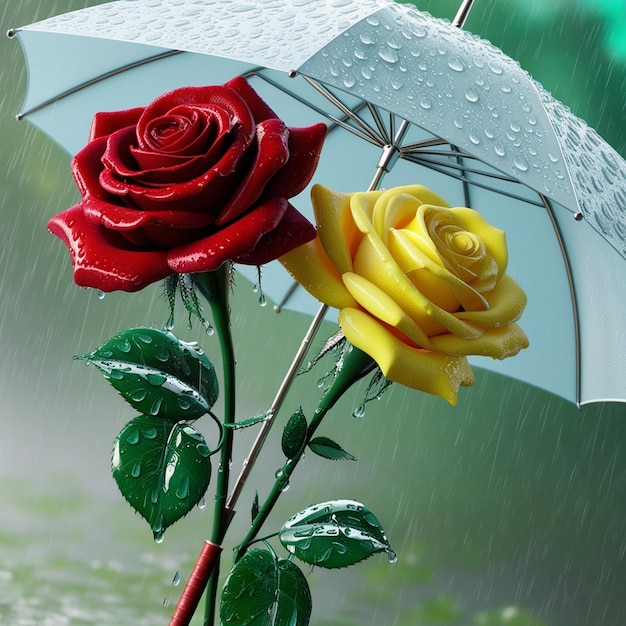 Photo elegance in the rain roses beneath a yellow umbrella