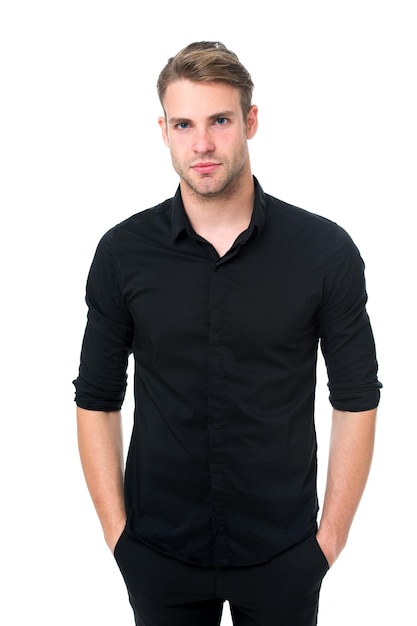 Elegance in simplicity Rules for wearing all black clothing Black fashion trend Reasons black is the only color worth wearing Man elegant manager wear black formal outfit on white background