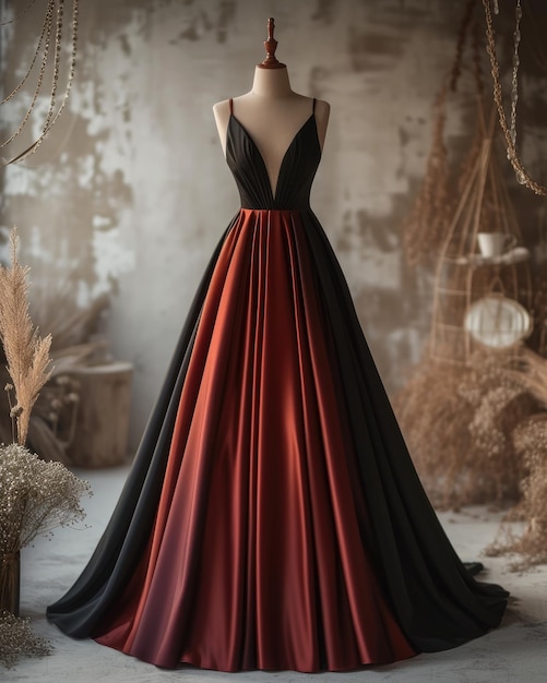 Elegance unveiled a captivating display of a beautiful luxurious evening gown gracefully adorning a mannequin epitomizing timeless style and opulence for a glamorous and chic affair