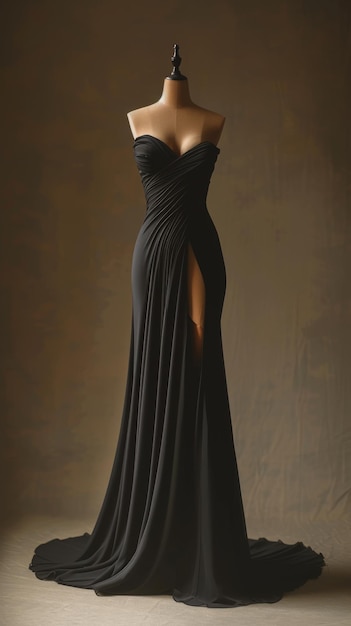 Elegance unveiled a captivating display of a beautiful luxurious evening gown gracefully adorning a mannequin epitomizing timeless style and opulence for a glamorous and chic affair