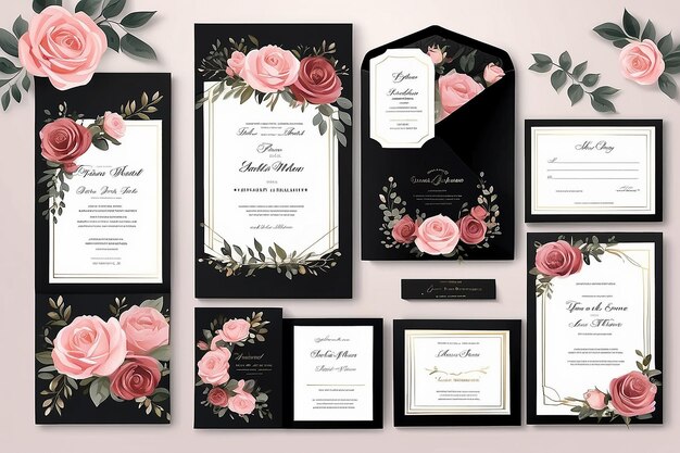 Photo elegance wedding invitation set rose black frame template