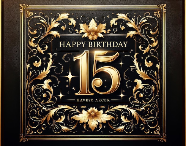 Elegant 15th birthday card with gold floral on black background and sophisticated typography