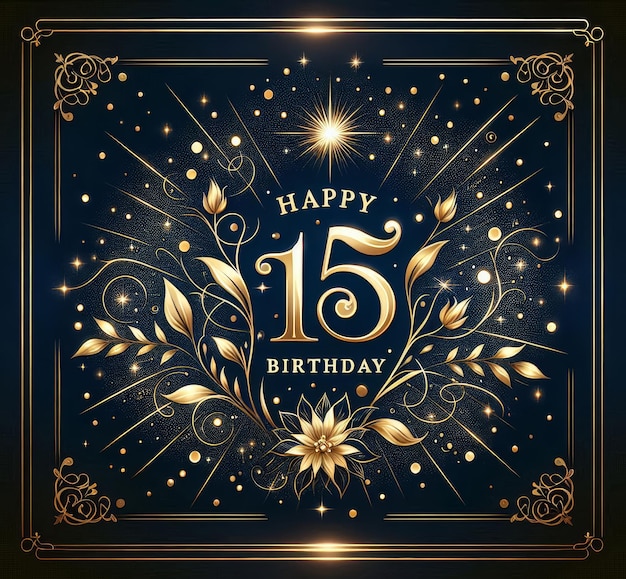 Elegant 15th birthday card with gold floral designs and stars on dark blue background