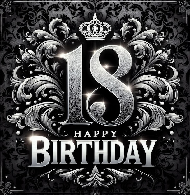 Photo elegant 18th birthday greeting with ornate silver details on a dark background